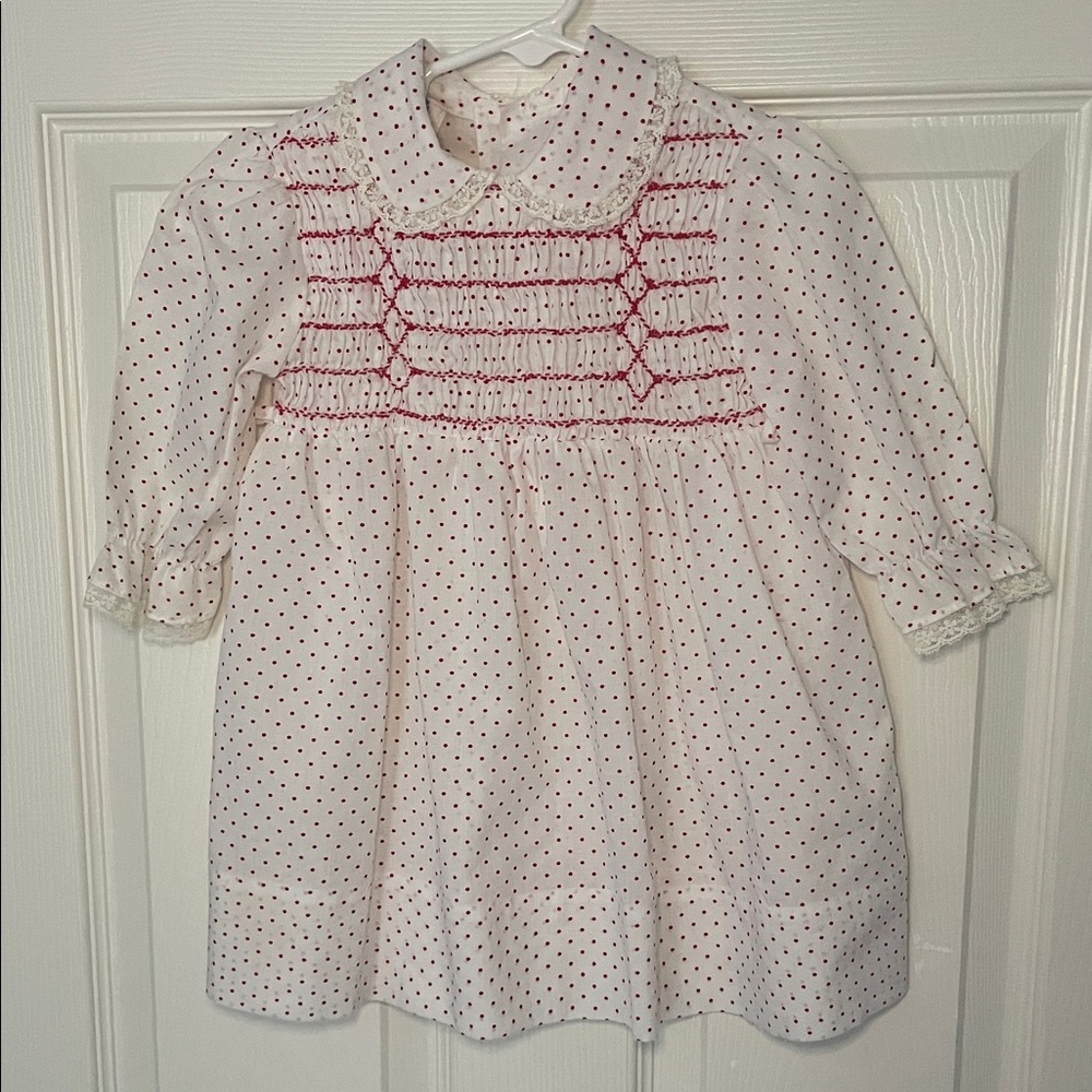 Vintage White and Red Smocked Long-Sleeve Girls' Casual Dress
